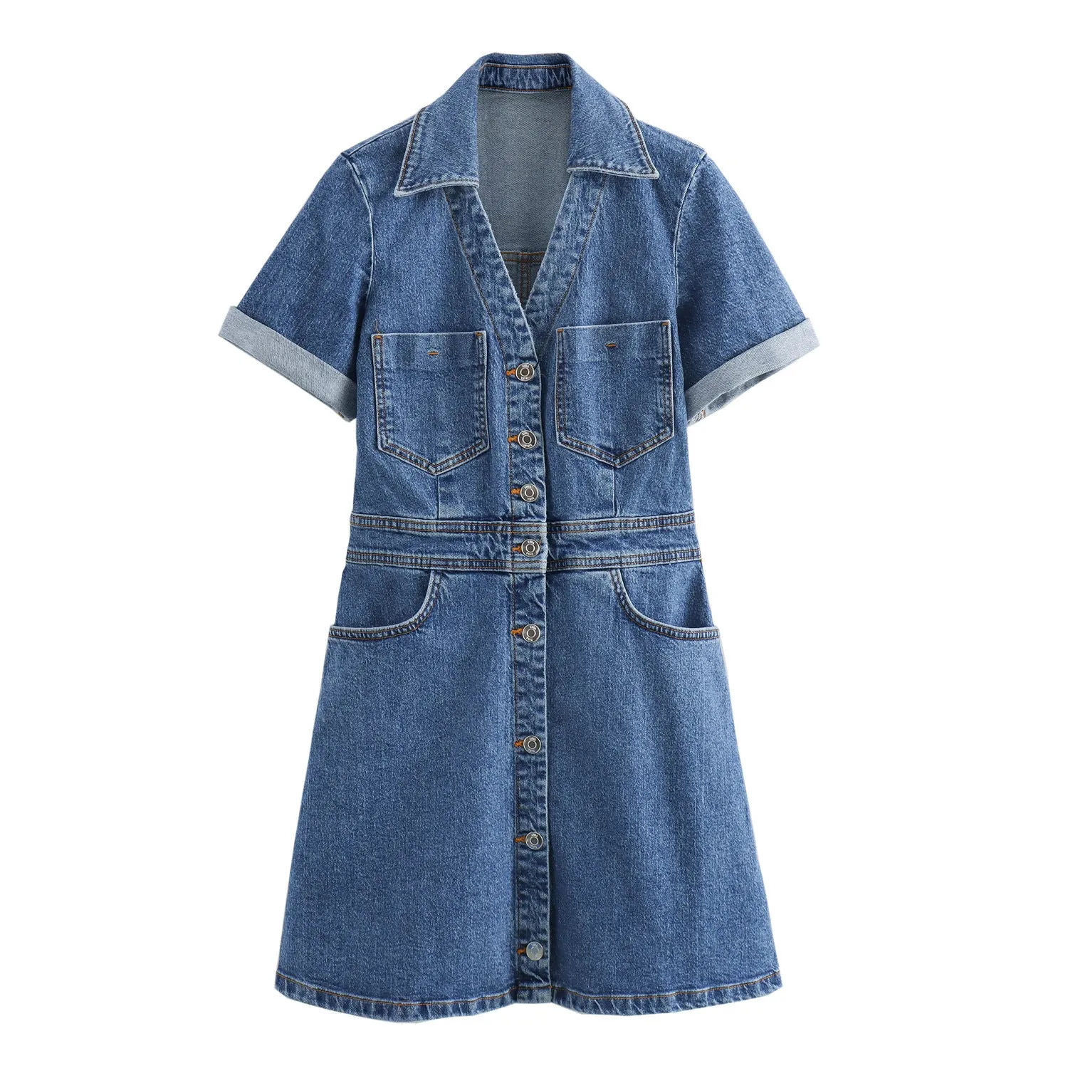 Znbbw Spring Denim Waist Short-Sleeved Mini Dress 1879038