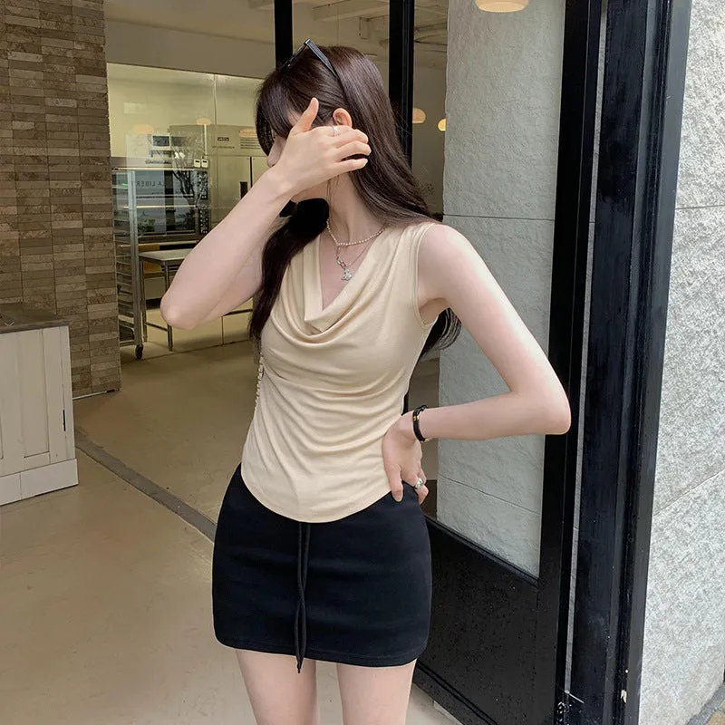 French Temperament Design Shoulder Swing Collar Vest Summer 2024 New Style Slim And Thin Sleeveless Blouse - Image 5