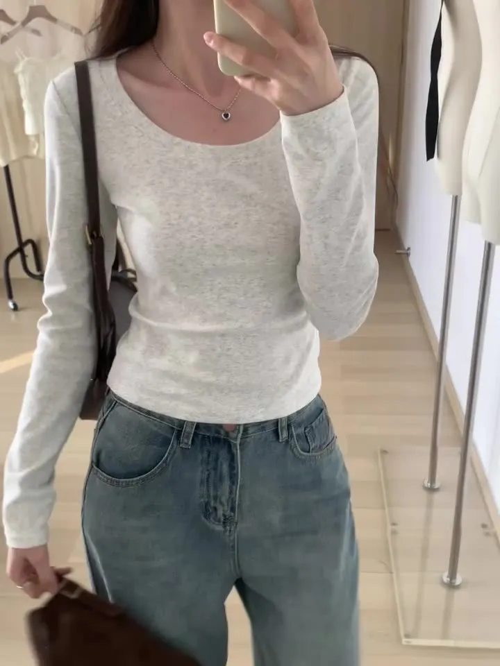 Znbbw And Slim In Early Autumn, Small Gray T-Shirt Women's New Gentle Underwear Long-Sleeved Blouse - Image 11