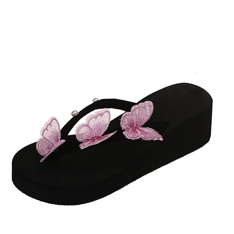 New Butterfly Flip-Flops Thick Bottom Slope With One Word With Pearl Large Size Beach Cool Flip-Flops - Image 2