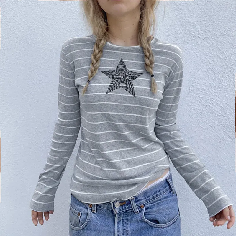 Street Striped Five-Pointed Star Leisure T-Shirt Women's Autumn Daily Simple Commuter Star Hit Color Long-Sleeved Blouse - Image 6