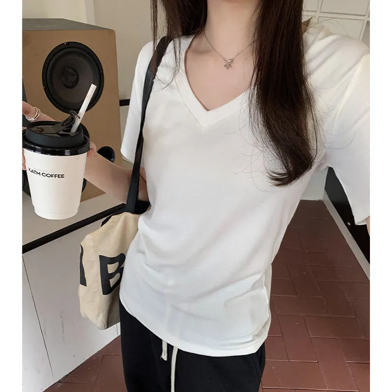 Basic White V-Collar Casual Short-Sleeved T-Shirt Women's New Summer Design Niche Shoulder Blouse - Image 2