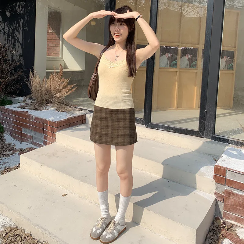 Spicy Girls Short Beige Lace Knitted Sling Vest New Sleeveless Underwear In Spring And Summer - Image 3