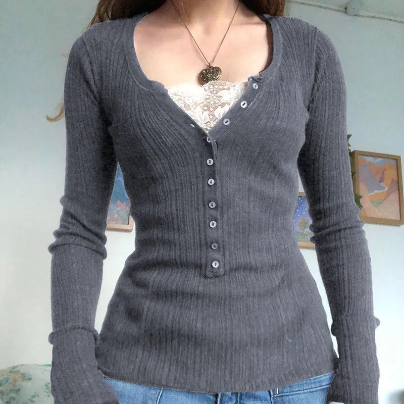 Slim And Slim Internet Celebrity Fashion Brown Knitted Spliced Lace Blouse In The Fall Of 2024 - Image 4