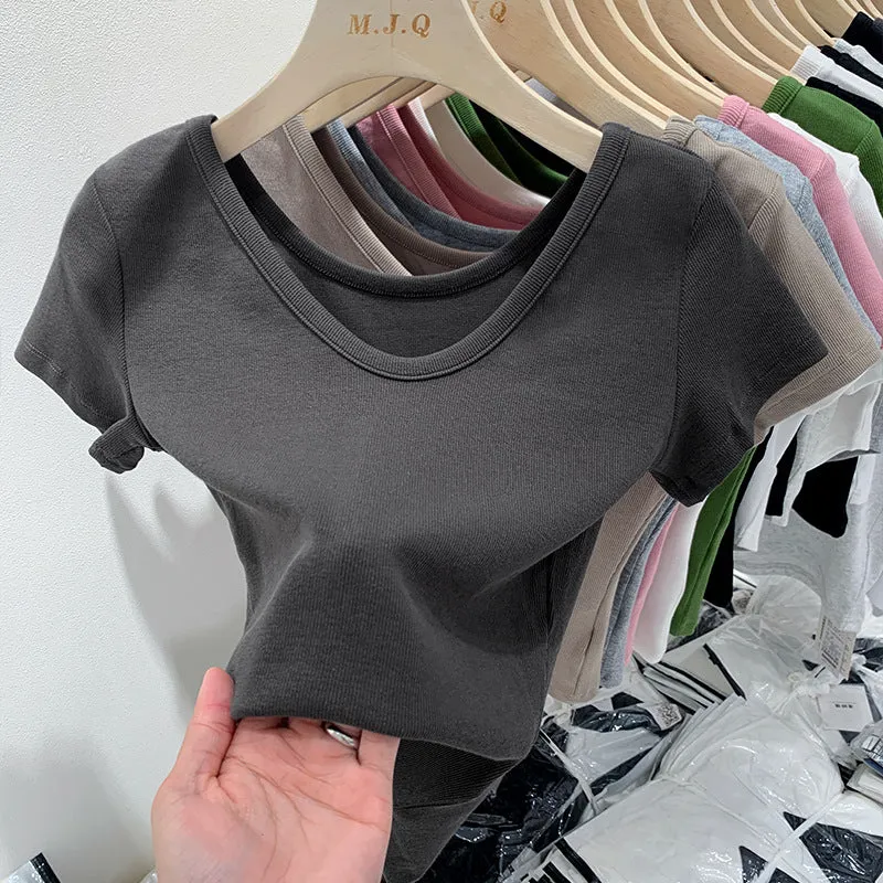 European V-Neck Shoulder T-Shirt Women's Short-Sleeved Summer New Slim And Skinny Short-Bottomed Blouse