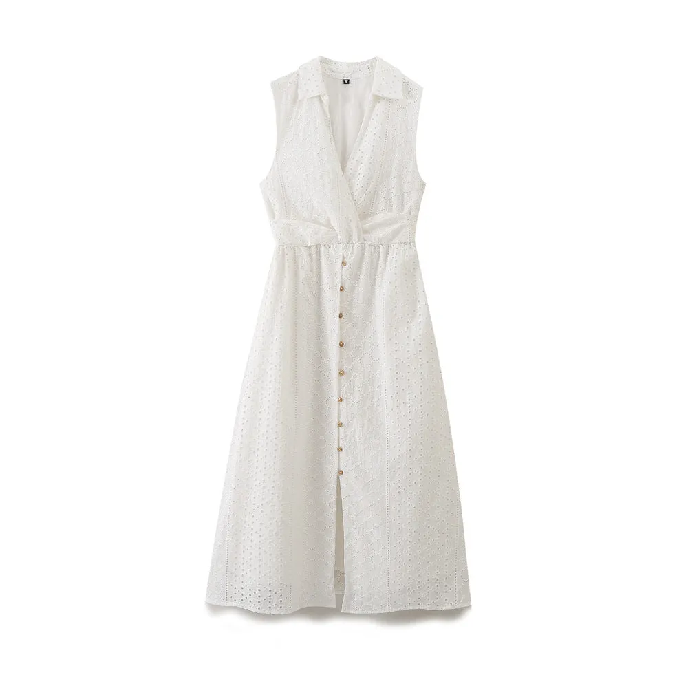 Znbbw Spring New Hollowed-Out Embroidery Waist Buckle Dress 3017653