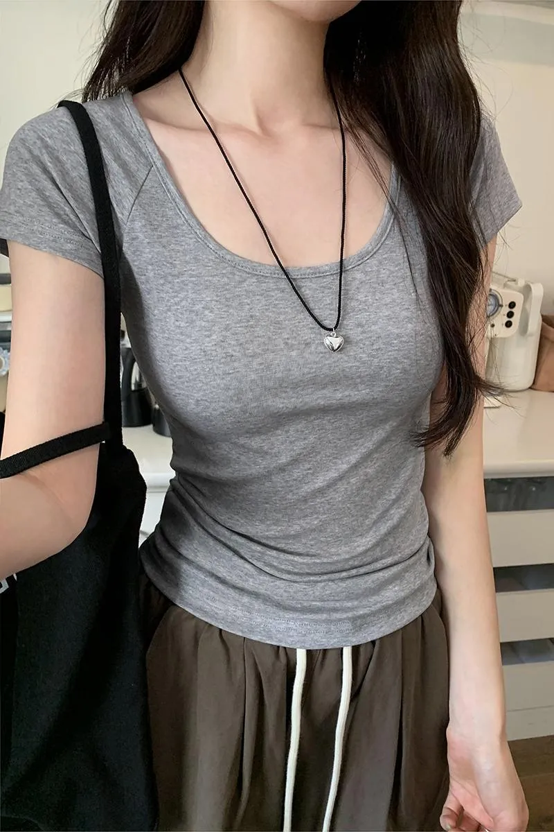 White U-Collar Slim Shoulder Short T-Shirt Women 2024 Summer New Style Short Short-Sleeved Blouse Trend - Image 10