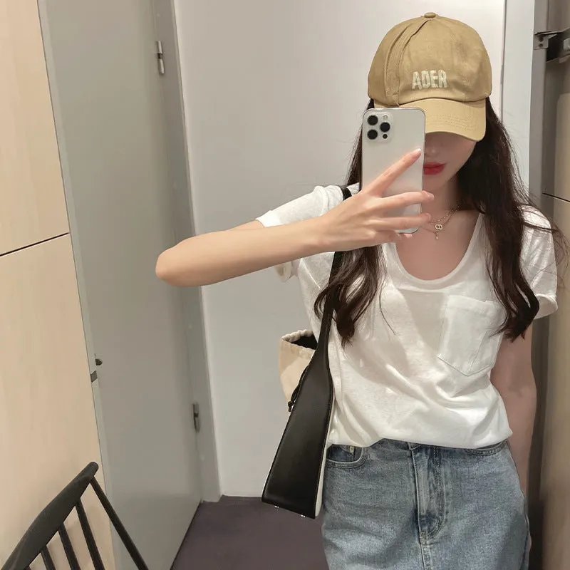 Sweet Cool Spicy Girls Korean Version Of The Shoulder Low-Collar Short-Sleeved T-Shirt Women's New Design Feel Tight Show Thin Bottomed Blouse - Image 3