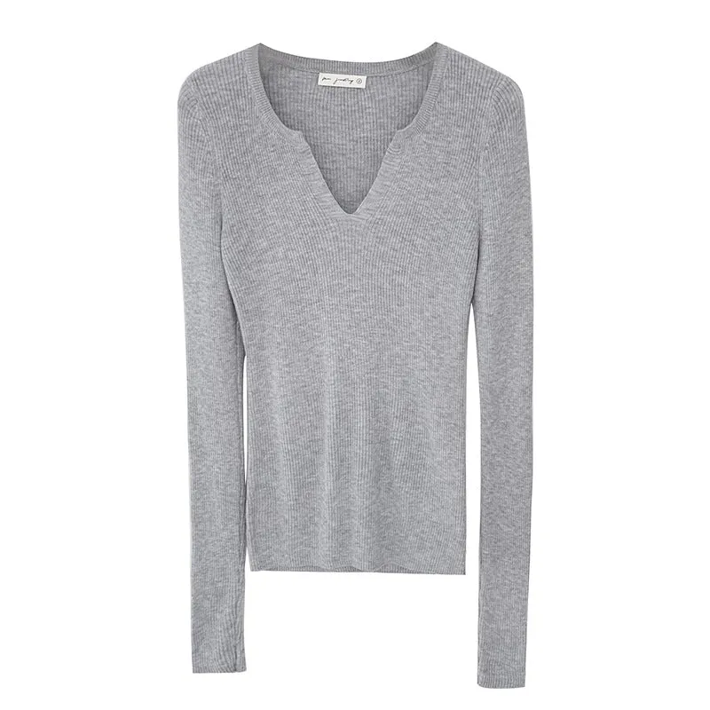 White V-Neck Knitted Long-Sleeved T-Shirt Women's New Spring And Summer Style Slim And Thin Bottomed Shirt With A Shoulder Blouse - Image 5