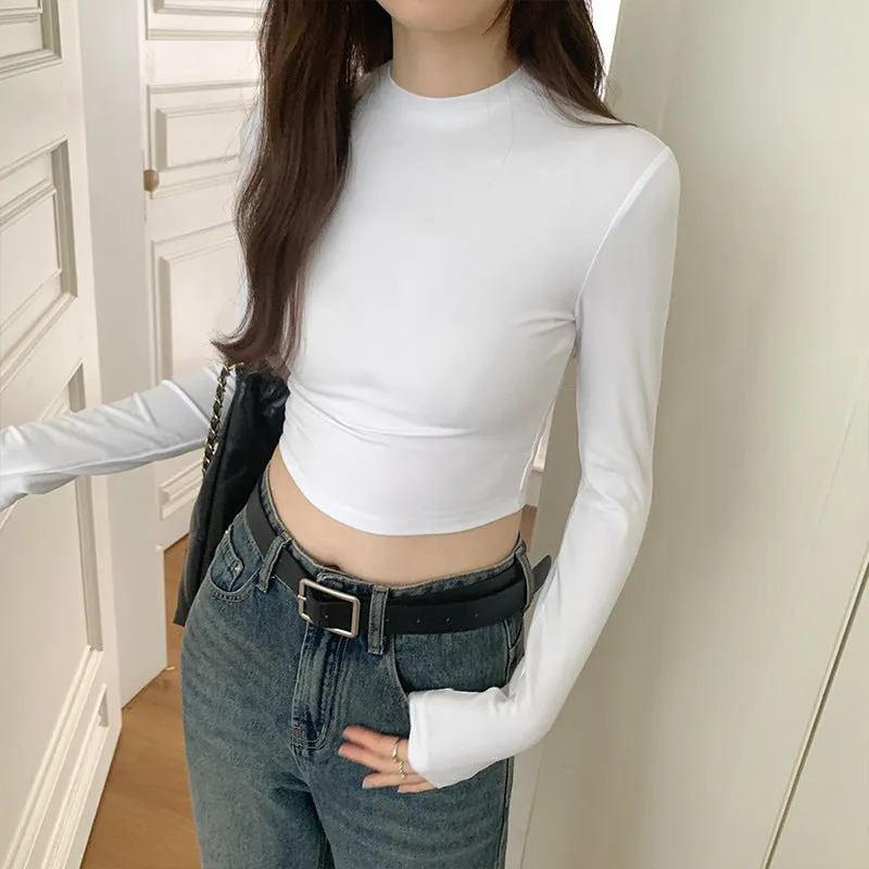 Znbbw And Slim Long-Sleeved T-Shirt Women's Early Autumn New Style Solid Color Underneath T-Shirt Short Style Blouse - Image 5