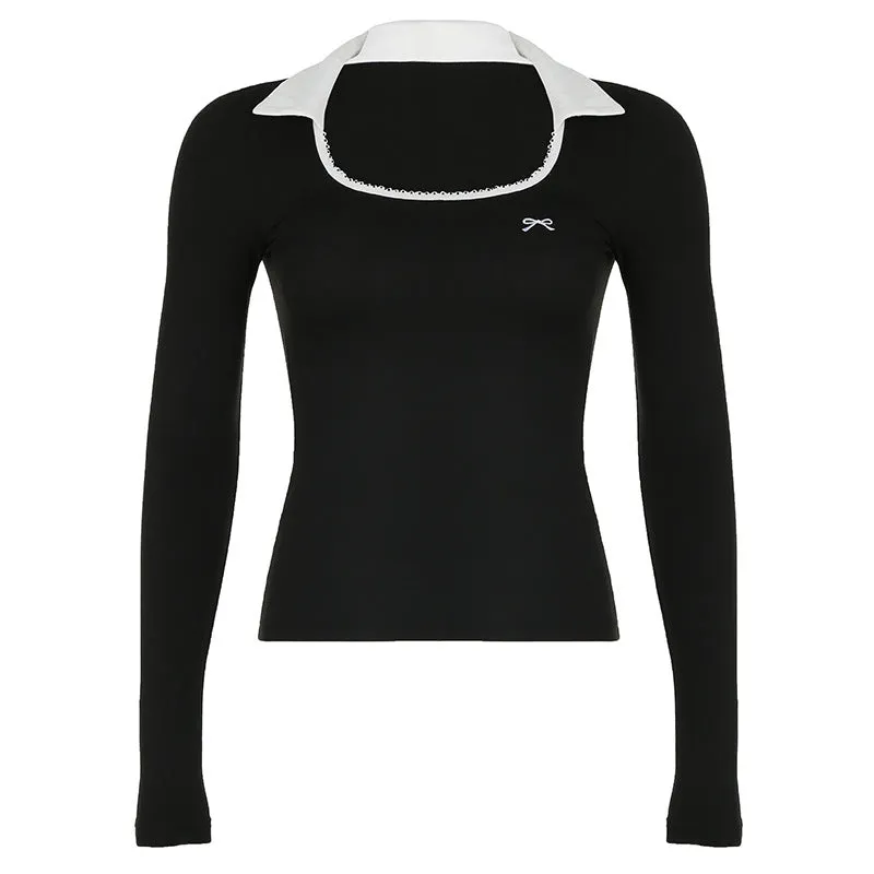 Sweet And Cool Hot Girl Style Polo Collar Printed T-Shirt Early Autumn New Sexy Clavicle Bow Long-Sleeved Blouse - Image 2