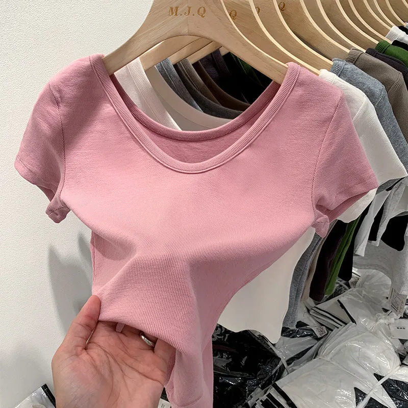 European V-Neck Shoulder T-Shirt Women's Short-Sleeved Summer New Slim And Skinny Short-Bottomed Blouse - Image 7