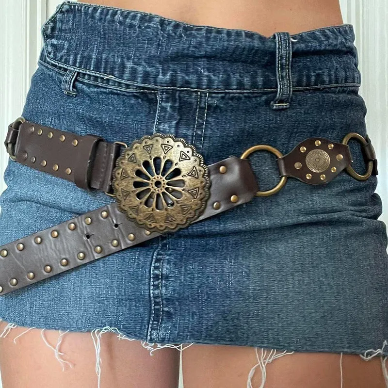 Vintage Metal Buckle Sunflower Small Design Leather Belt 2024 New Fashion Accessories - Image 5