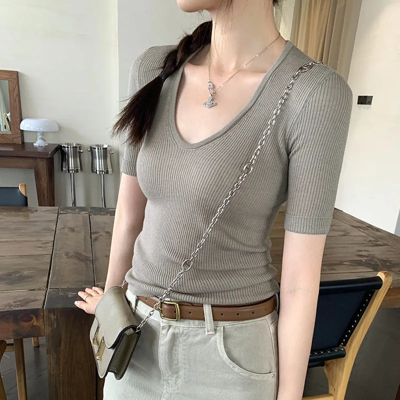 U Straight Shoulder Ice Silk Knitted Short-Sleeved T-Shirt Women 2024 Summer Thin Style Bottomed Shirt Slim Short Blouse - Image 4