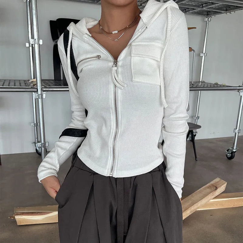 2024 New Early Autumn Women's Casual Fashion Short Solid Color Threaded Pocket Zipper Long-Sleeved Jacket - Image 5