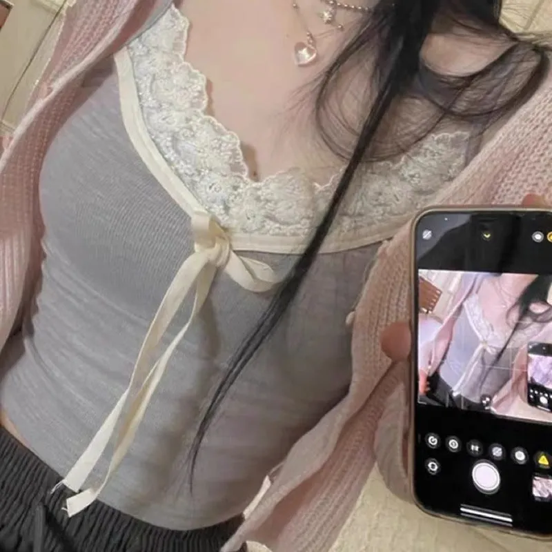 Hot Girl Pure Lace Splicing Tie Bow Tie Small Sling 2024 Color Slim Sexy Vest Girl - Image 2
