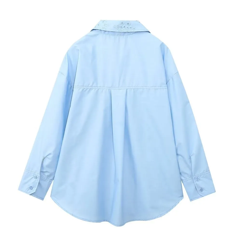 Znbbw Women's Lapel Hollowed-Out Embroidery Long-Sleeved Single-Breasted Shirt 7969071 - Image 6