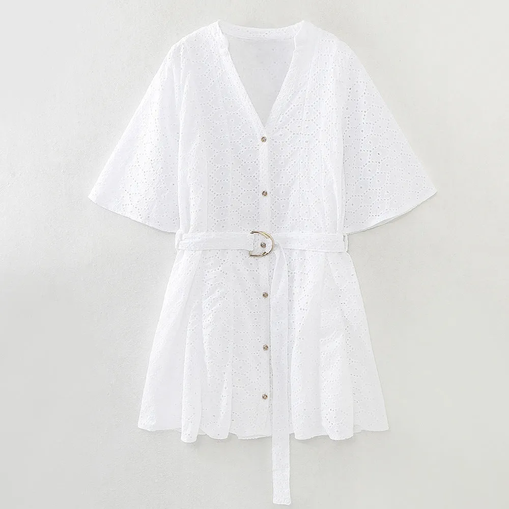 Znbbw New Hollowed-Out Embroidery With Belt Mini Dress 8175960