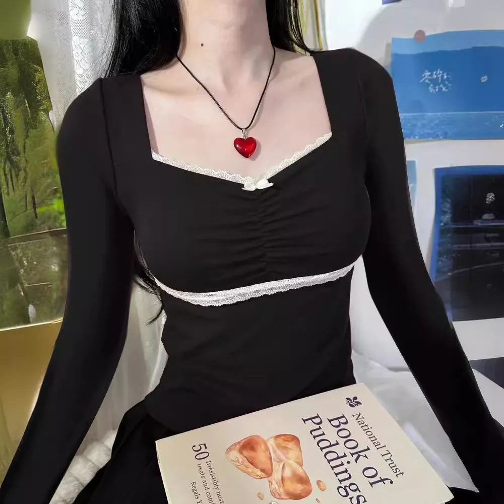 Retro Sweet And Spicy Wind, Bow Tie, Lace, Lace, Short-Sleeved T-Shirt, Summer Square Collar, Slim Blouse - Image 5