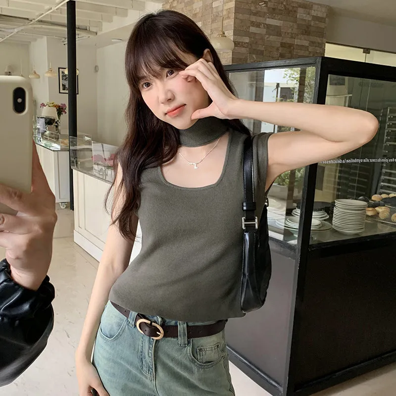 Design Sense Hanging Neck Shoulder Sleeveless Knitted Shirt Spring New Slim High Waist Short Vest Bottomed Blouse - Image 5