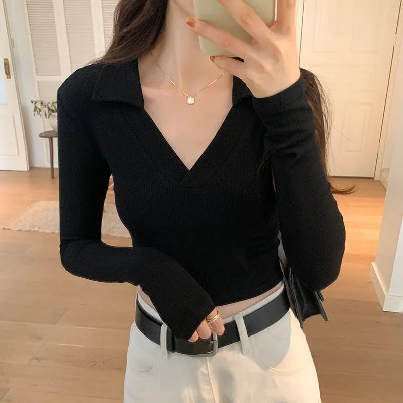 Znbbw Style Spice Girl Polo Waist Long-Sleeved T-Shirt Women's Early Autumn New Bottomed Shirt White Blouse