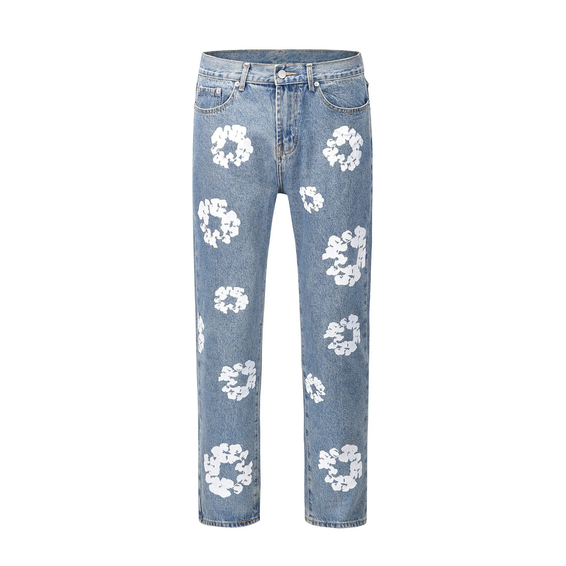 Znbbw High Street Printing Wash Straight Street Clothing Slim Jeans Mid-Waist Casual Fashion Pants