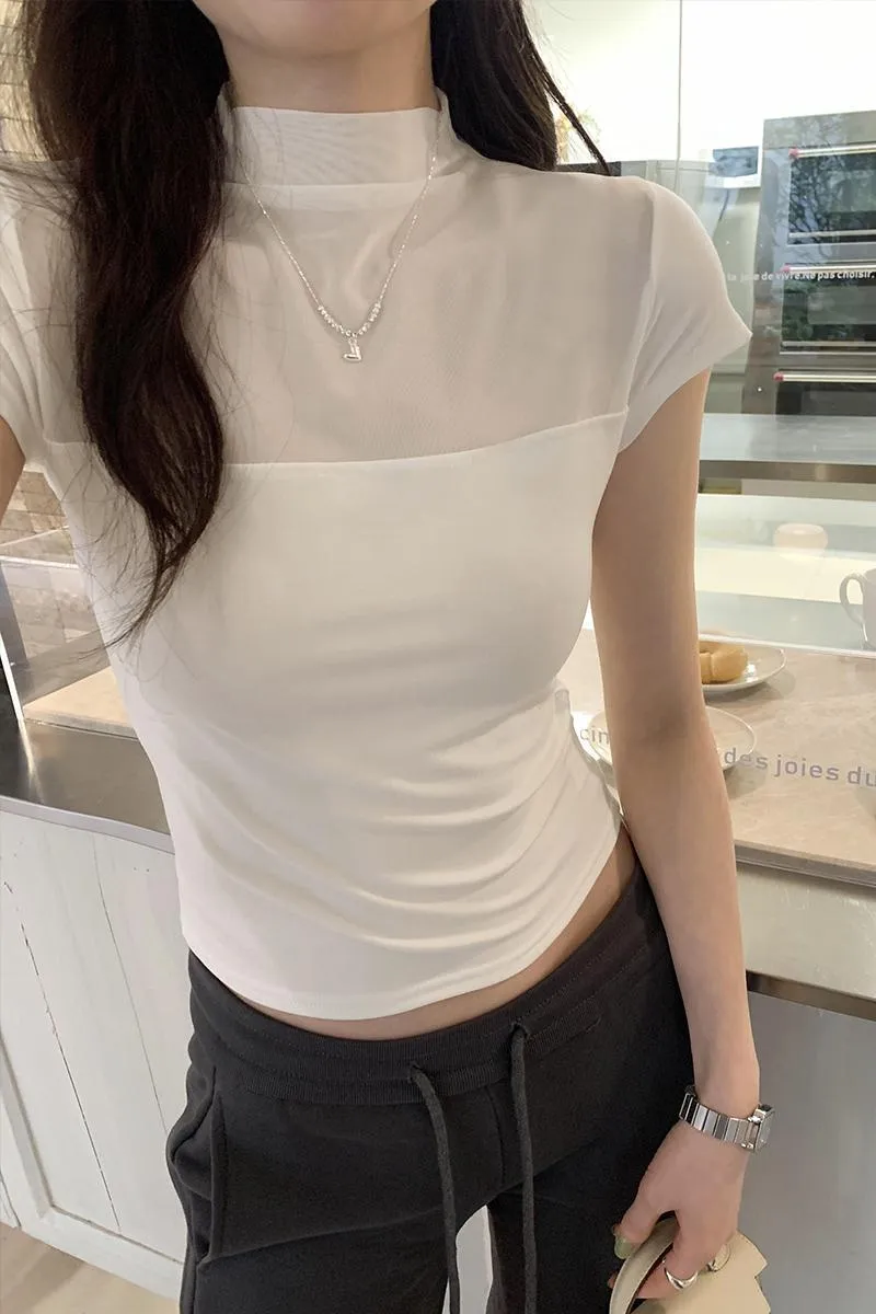 Spicy Girls Foreign Style Simple Net Gauze Spliced Half-High-Collar T-Shirt Spring And Summer New Thin Solid Color Short-Sleeved Blouse - Image 8