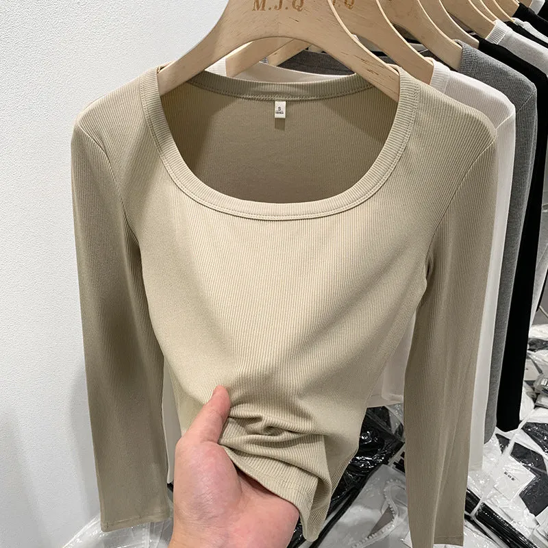 2025 New Spring And Autumn Style Threaded Square Collar Long-Sleeved T-Shirt Women's High Waist Leaky Navel Minority Solid Color Undercoat - Image 6