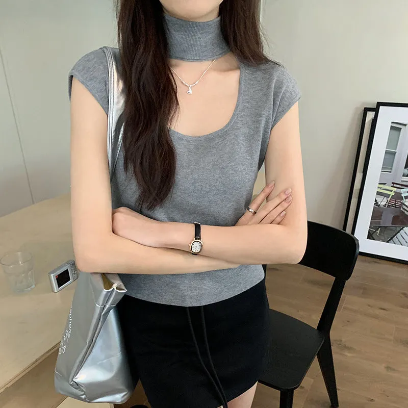 Design Sense Hanging Neck Shoulder Sleeveless Knitted Shirt Spring New Slim High Waist Short Vest Bottomed Blouse - Image 6