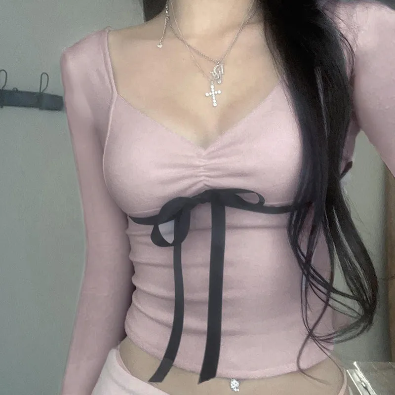 Hot Girl Sexy Square Collar Tight Show Thin Color Lace Long-Sleeved T-Shirt 2025 Autumn Fold Waist Pure Desire Blouse - Image 4