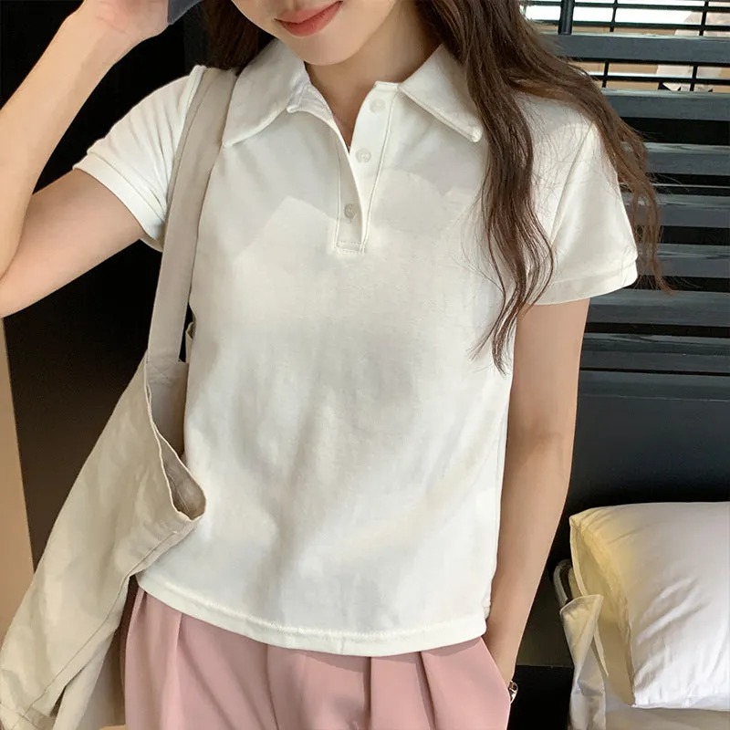Pure Hot Girls Polo Collar Solid Color Short-Sleeved T-Shirt Women's Summer New Design Style Basic Style Blouse - Image 8