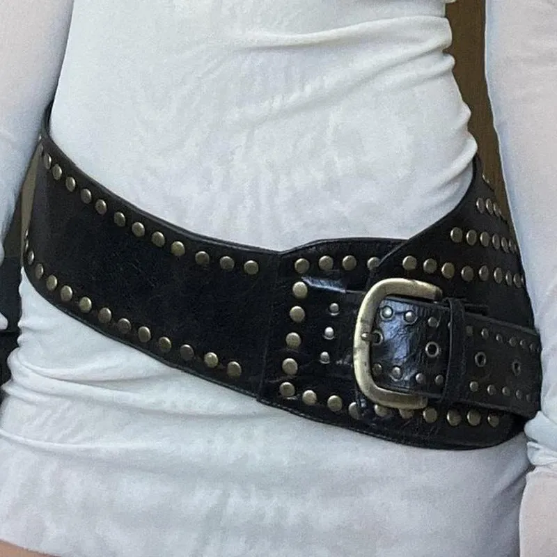 Retro Corns Personality Leather Wide Belt Cool Punk Rivet Splicing Decoration 2025 Summer New Girls - Image 5