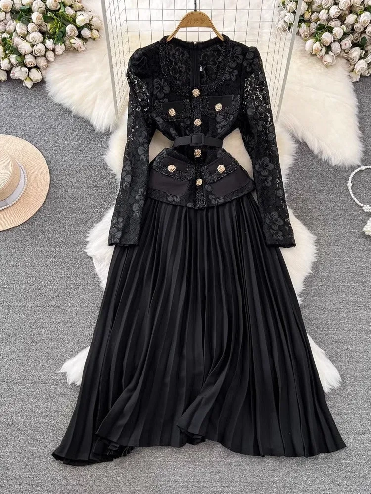 Znbbw And Autumn Korean Version Of Socialite Temperament Fake Two Long-Sleeved Square Collar Lace Receiving Waist A Large Swinging Pleated Dress - Image 5