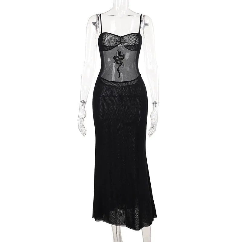 Znbbw Spring 2024 New Sexy Hip Skirt Dark Style Slim Micro-Transparent Mesh Dress Woman