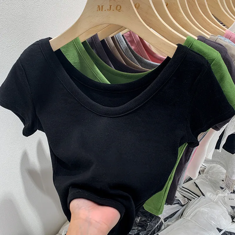 European V-Neck Shoulder T-Shirt Women's Short-Sleeved Summer New Slim And Skinny Short-Bottomed Blouse - Image 3