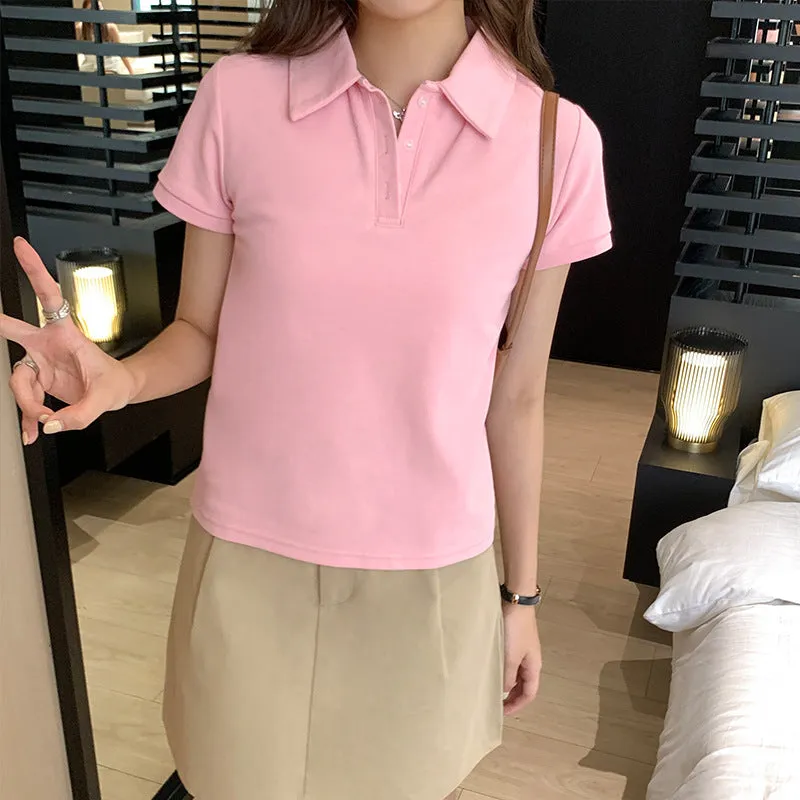Pure Hot Girls Polo Collar Solid Color Short-Sleeved T-Shirt Women's Summer New Design Style Basic Style Blouse - Image 7