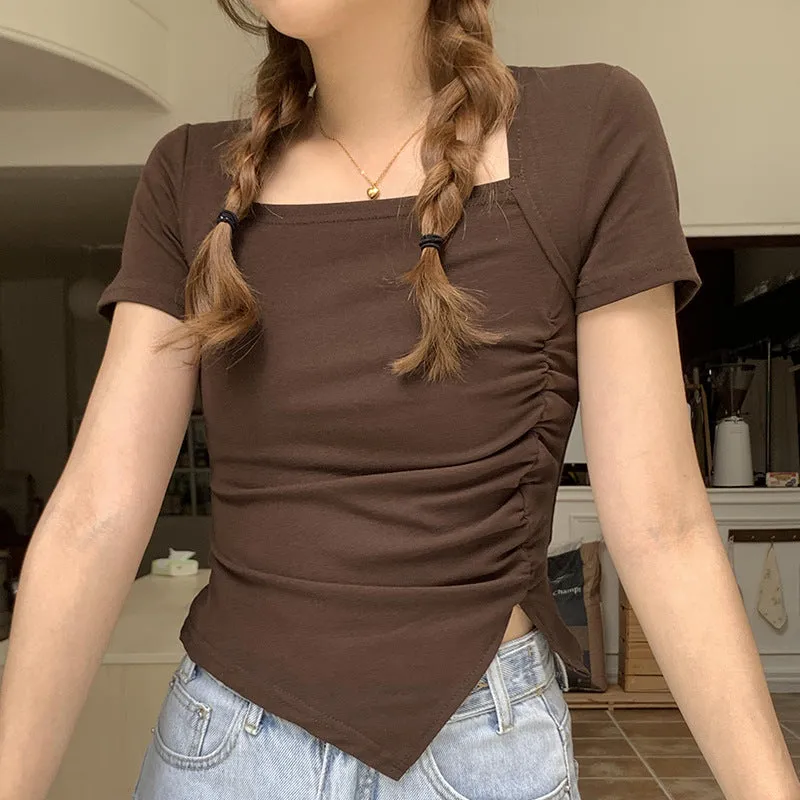 Shoulder Women's T-Shirt Shows A Sense Of Thin Short-Sleeved Design Minority Pleated Irregular Slimming Blouse Square Collar Clavicle T-Shirt - Image 7