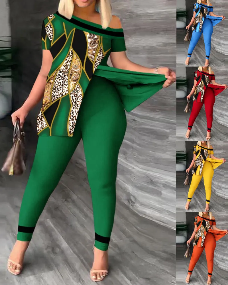 Znbbw Women's Wear Summer New Fashionable Leisure Forked Oblique Collar Printing Suit - Image 10