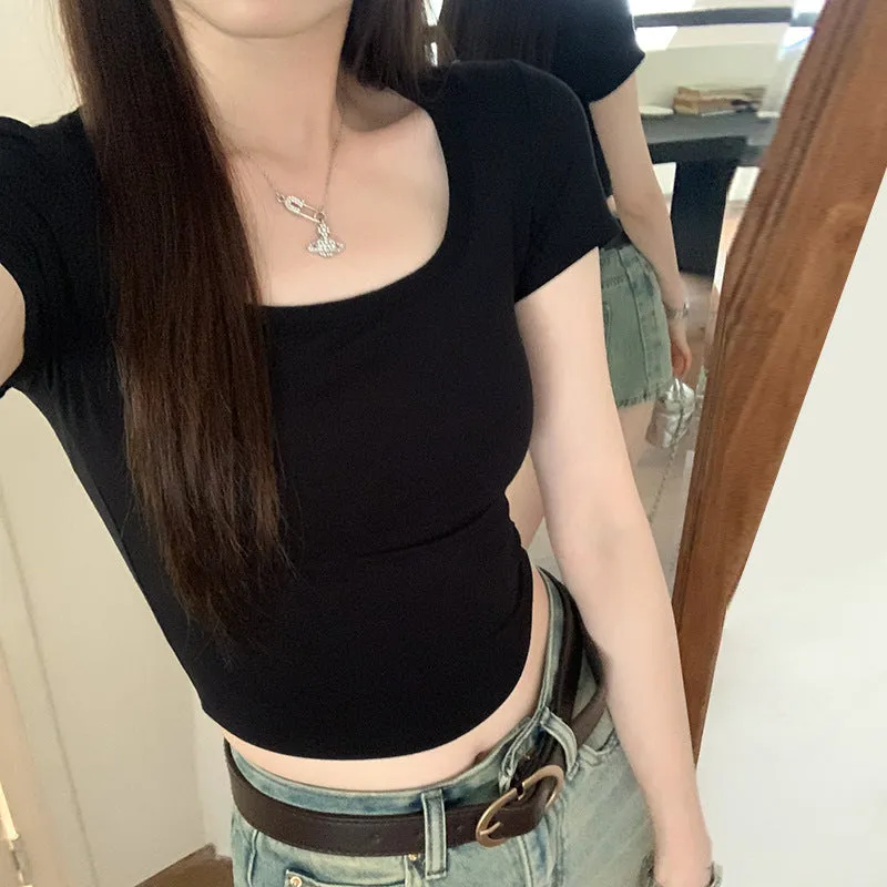 French Waist-Pinch Shoulder-Slimmed Short-Sleeved T-Shirt Women's Summer 2024 New Style Cool Sa Tug Elder Sister Short Style Waist Blouse - Image 5