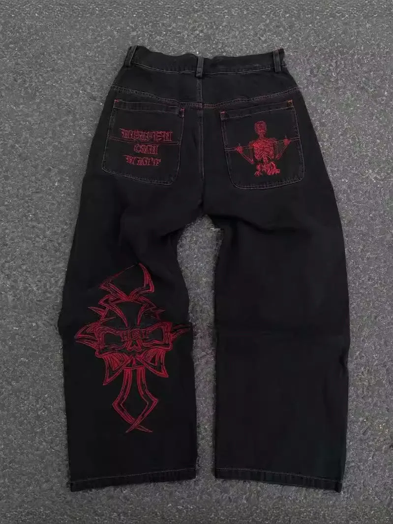 Znbbw Year Y2K Jeans Men's Wear Hip-Hop Retro Skull Water Washed Loose Jeans Casual Wide-Legged Pants - Image 9