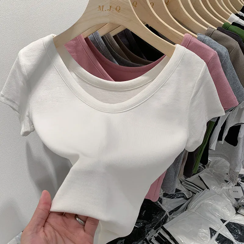 European V-Neck Shoulder T-Shirt Women's Short-Sleeved Summer New Slim And Skinny Short-Bottomed Blouse - Image 4