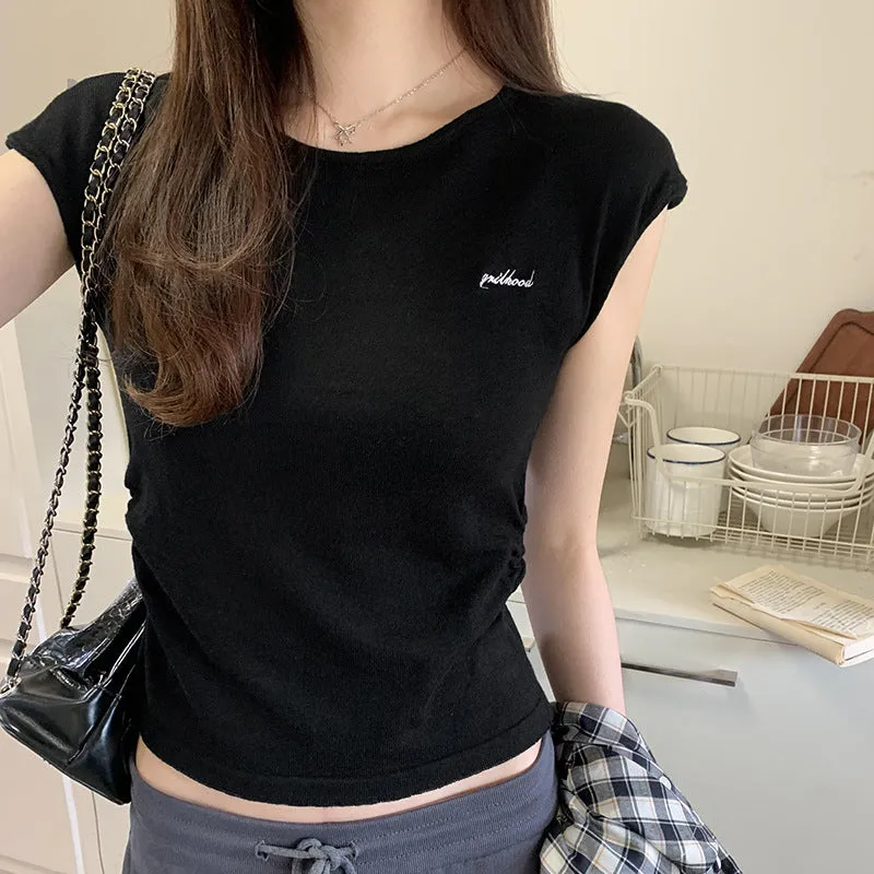 Round-Necked Sleeveless Knitted Embroidered Letter T-Shirt Women's Summer New Fold Waist Early Spring Dress Temperamental Vest - Image 3