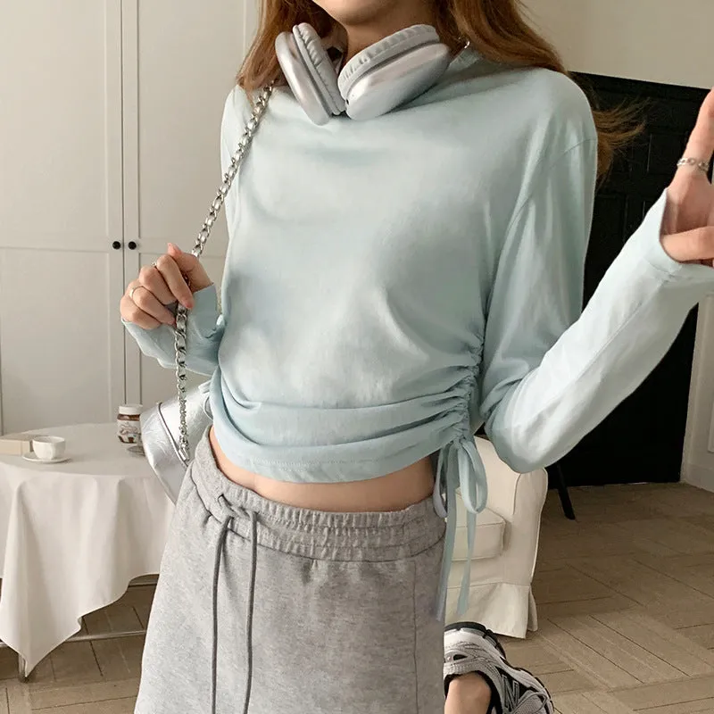 Summer Thin Style Design Rope Long-Sleeved T-Shirt Woman Waist Slim Solid Color Short-Style Sunscreen Blouse - Image 7