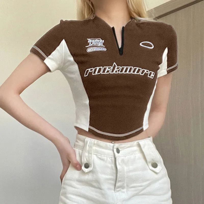 2024 Spring And Autumn New Splicing Color Thin Ins Embroidered Street Zipper Function T-Shirt - Image 4