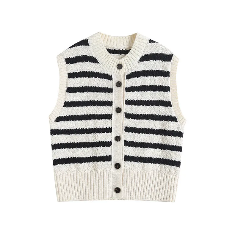 Znbbw French Lazy Style Black And White Striped Knitted Vest In Autumn
