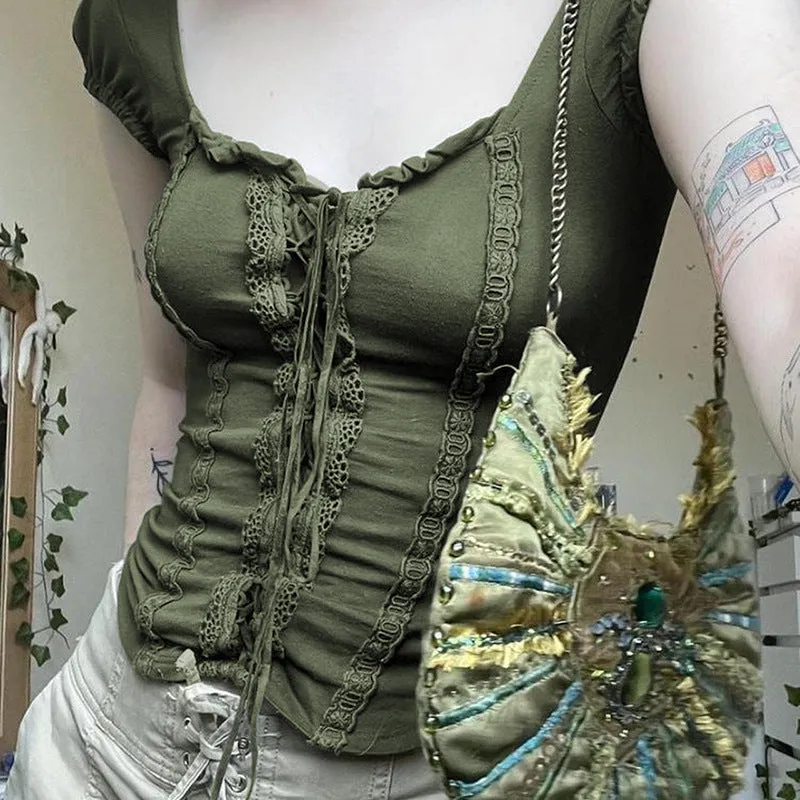 2024Ins Early Summer New Square Collar Slim To Show Thin Split Line Fashion Tie Vintage Short-Sleeved T-Shirt Woman - Image 5