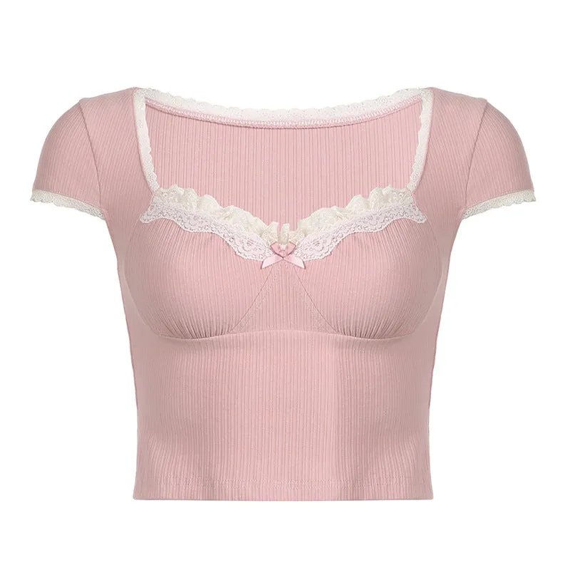 Pure Lace Splicing Chest Type Skinny Thread Knitted Blouse 2025 Square Neckline Lace Spicy T-Shirt Girl