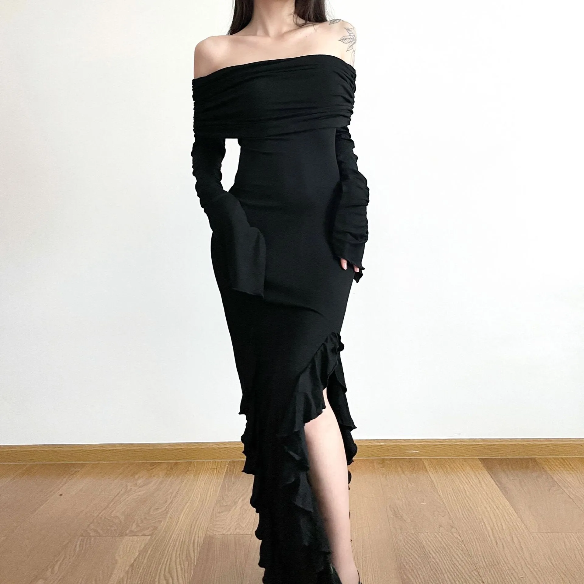 Waste Soil Style Shoulder Lotus Leaf Edge Forked Skirt 2025 Pure Wind Hot Girl Sexy Tight Fashion Dress Girl - Image 3