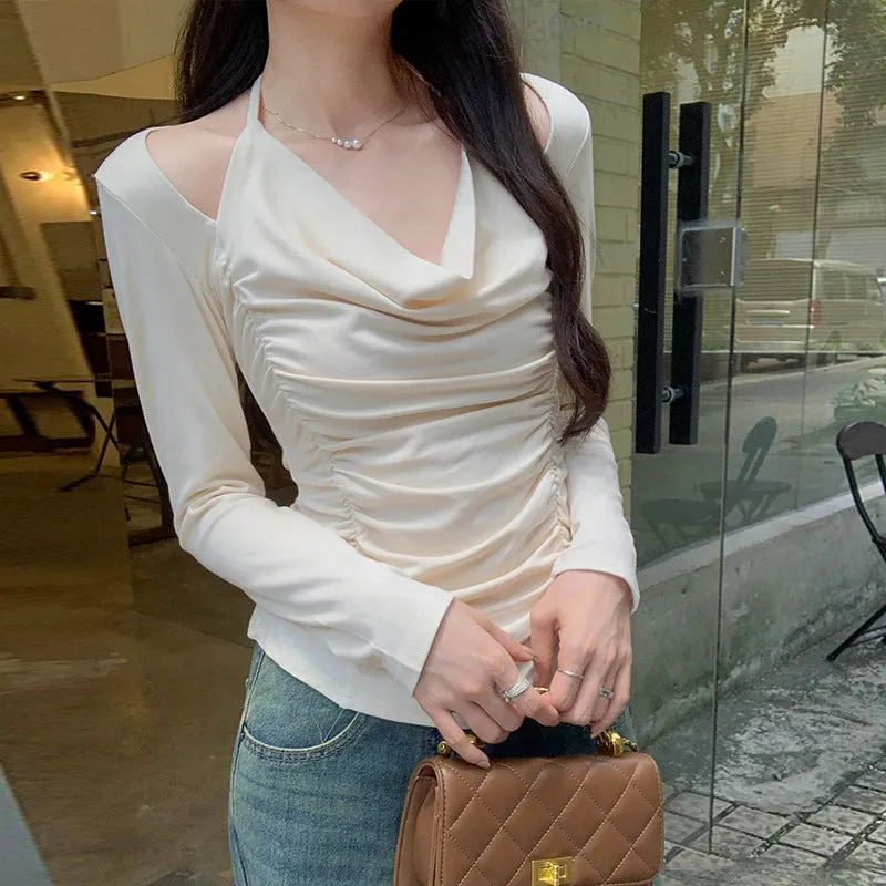 French Chic Shoulder-Exposed Shoulder Collar Long-Sleeved T-Shirt Women's Early Autumn New Pleated Thin Blouse - Image 6