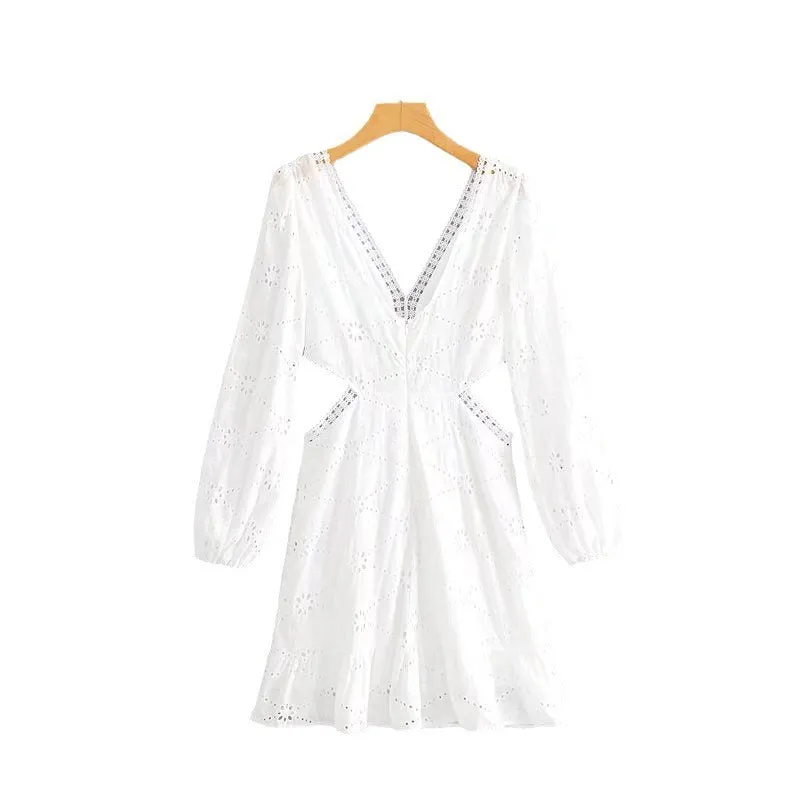 Znbbw And Winter New V-Collar Lace Waist Open Dress Embroidered Hollowed-Out Sexy Skirt - Image 2